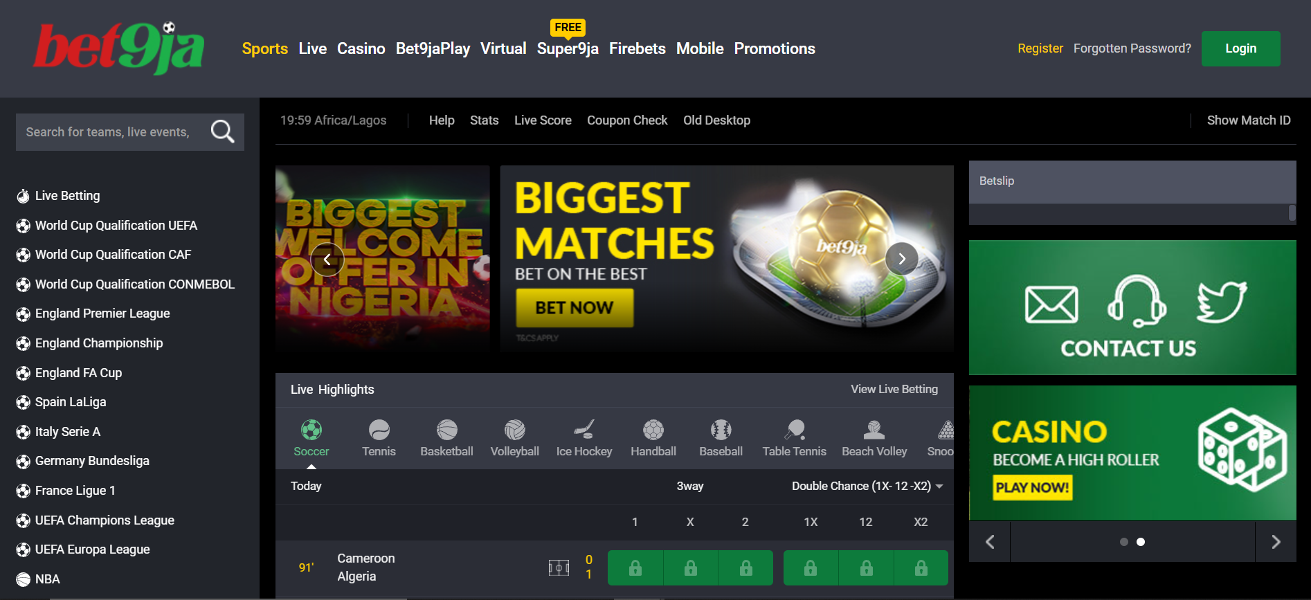 Bet9ja betting site offering registration, sports betting and details on live matches to its users.