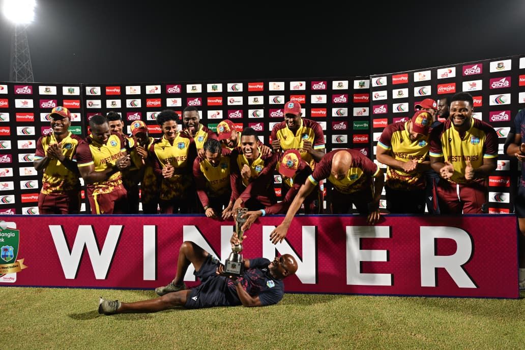 JUBILANT: West Indies team celebrates with the trophy. @ Cricket/X