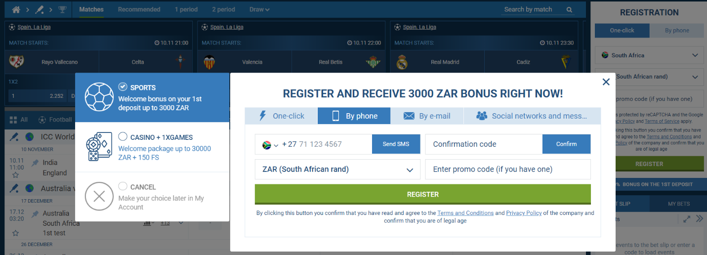An image of the 1xBet sign-up form by phone