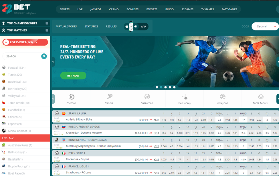22Bet Sportsbook Main Page
