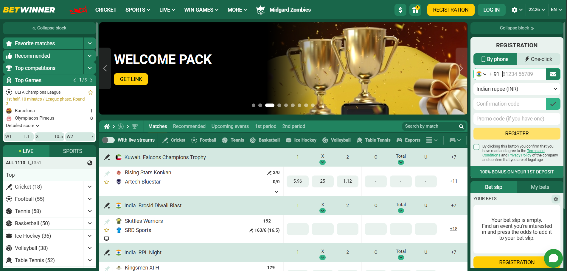 Selecting games at Betwinner