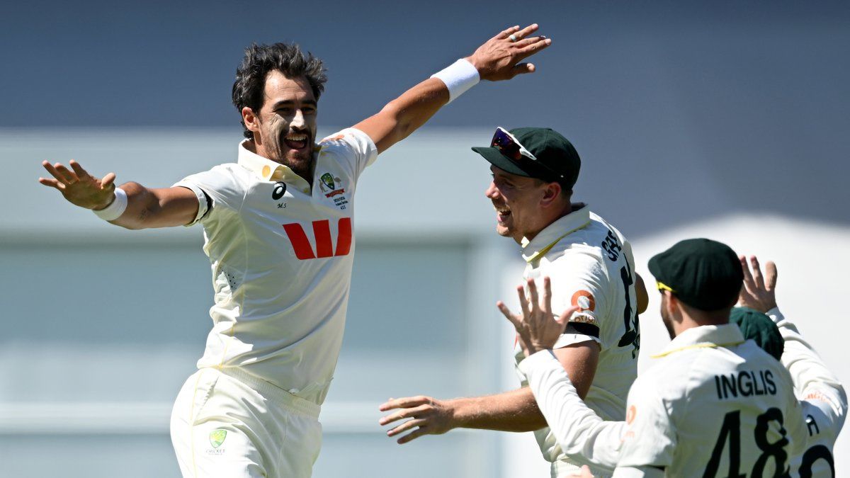 Mitchell Starc celebrates one of his six wickets on the opening day of the second Test against England at the Gabba in Brisbane. @www.cricket.com.au