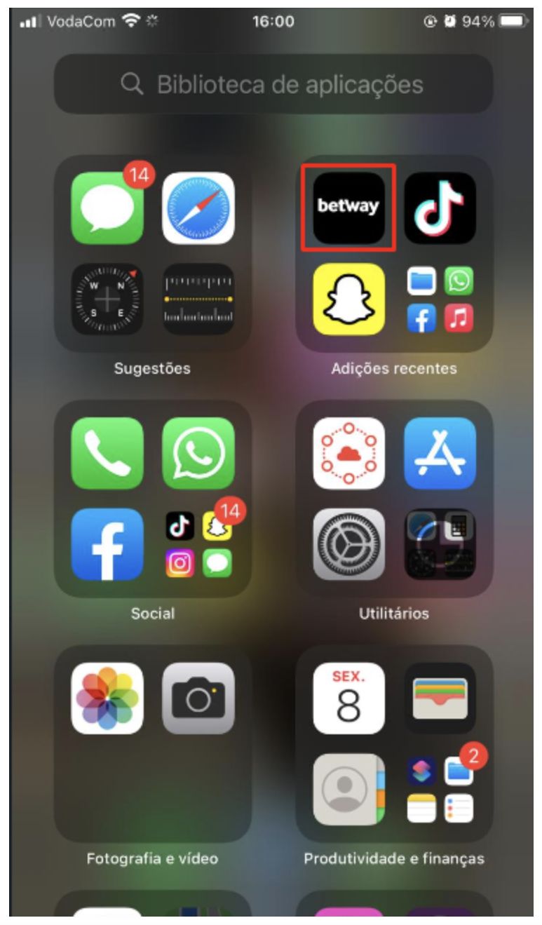 Aplicação da Betway no menu principal iOS