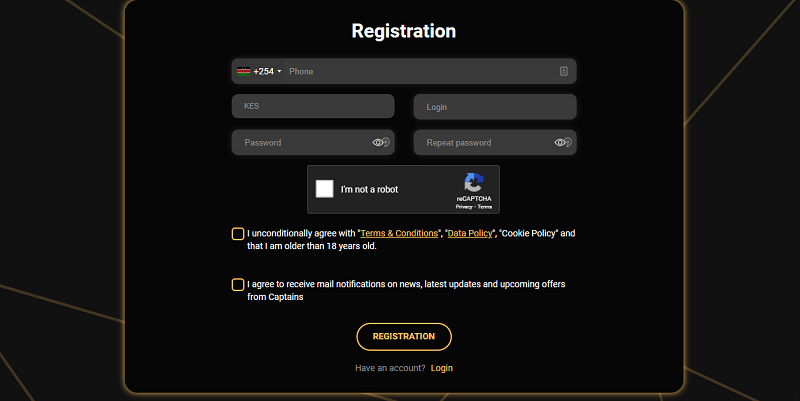 Registration form you need for setting up a Captainsbet account
