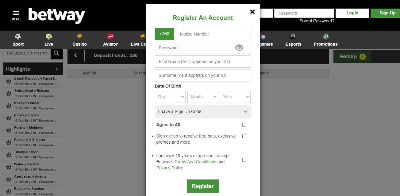 Images show a Betting platform registration