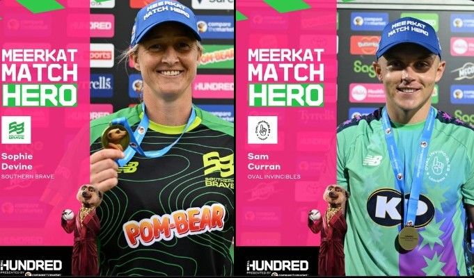 Sophie Devine and Sam Curran with their awards. @The Hundred/X