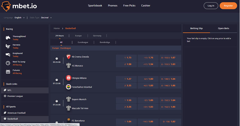 The betting options available on Mbet.io