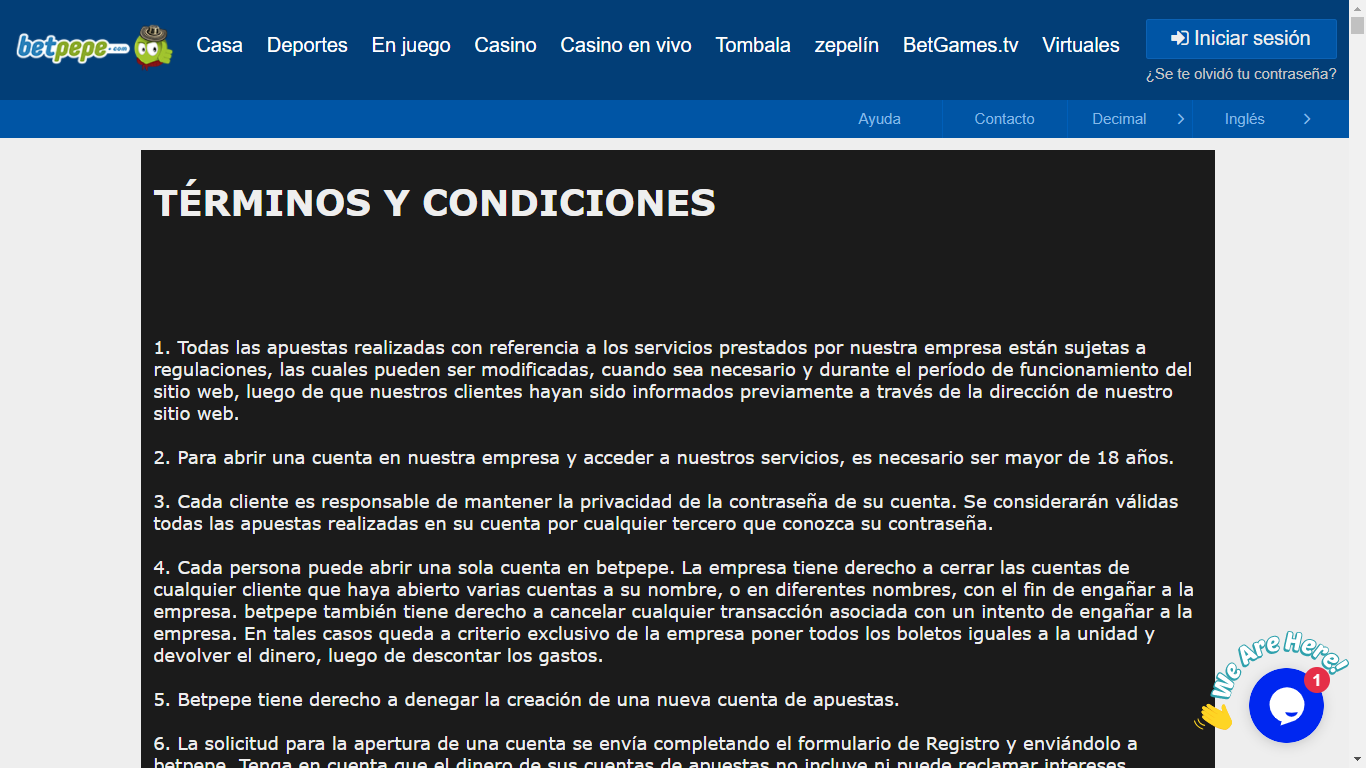 Términos y condiciones en la página web en Betpepe