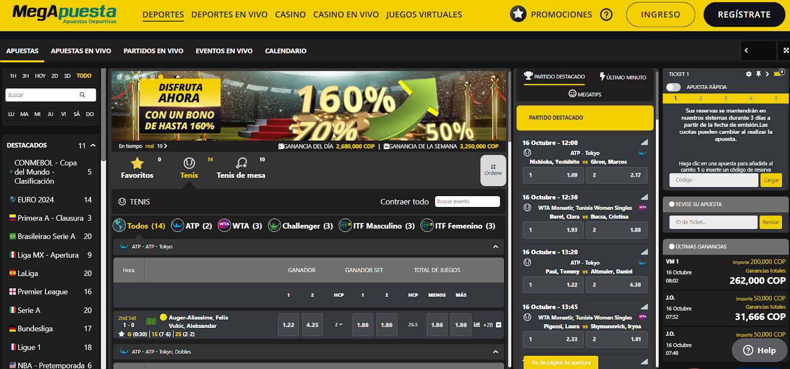 Se muestra la pantalla principal de MegApuesta Deportes Colombia