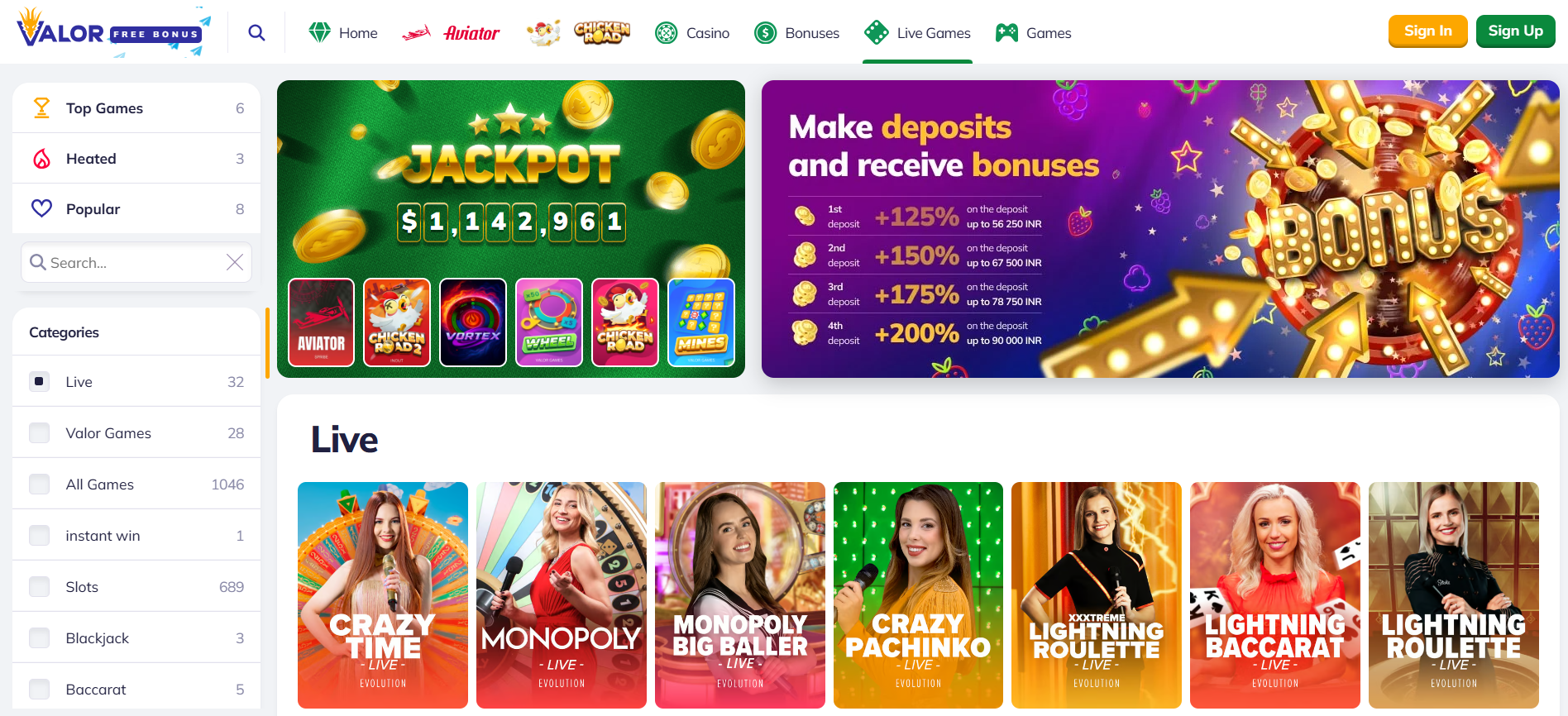 Games in Valor Bet app