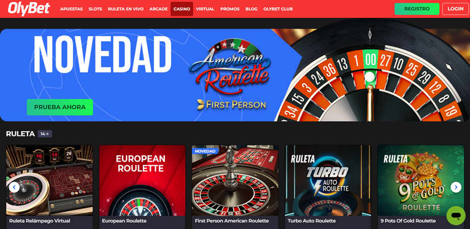 Se muestra la página principal de la sección de casino en Olybet