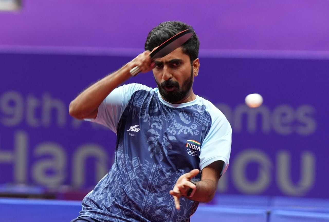 Sathiyan Gnanasekaran in action. @Sathiyan/X Sathiyan Gnanasekaran in action. @Sathiyan/X