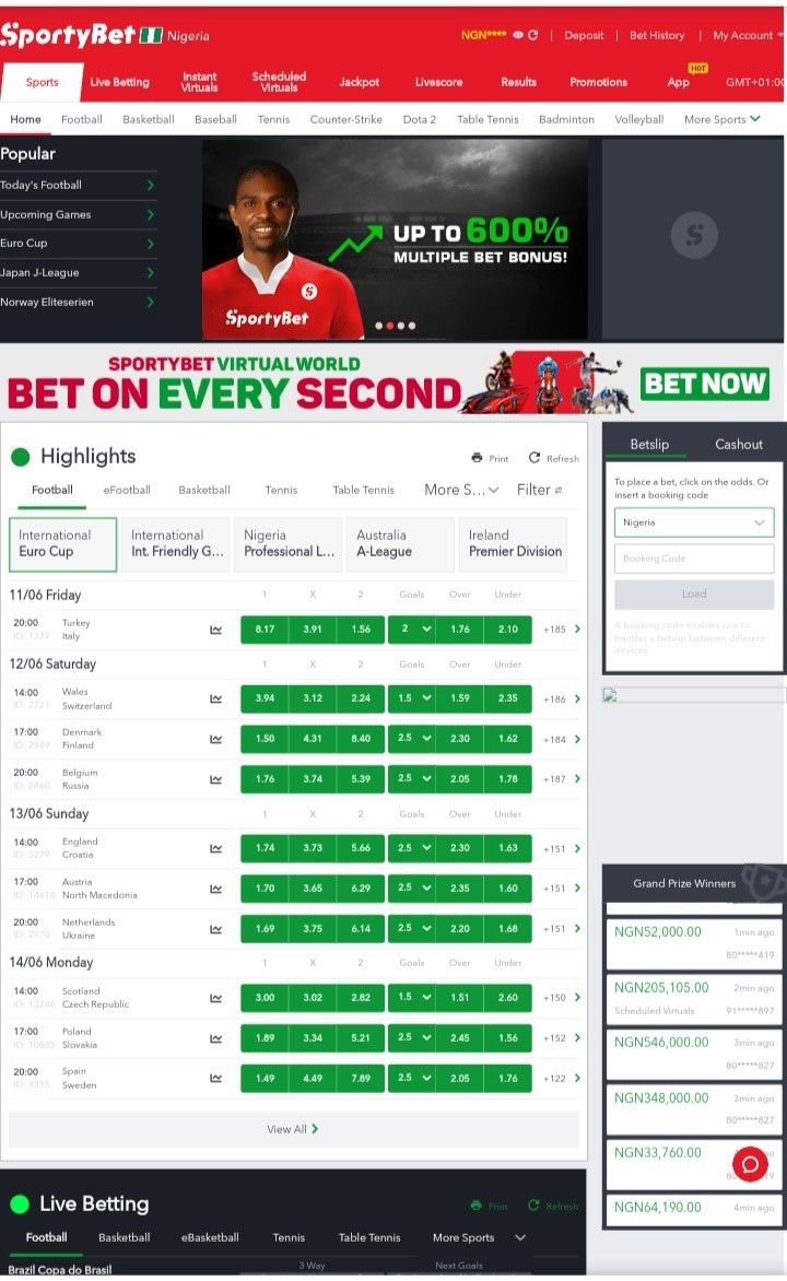 Sportybet Homepage with deposit