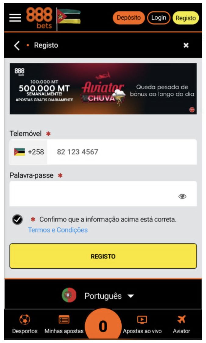 Primeiro passo do registo na 888Bets