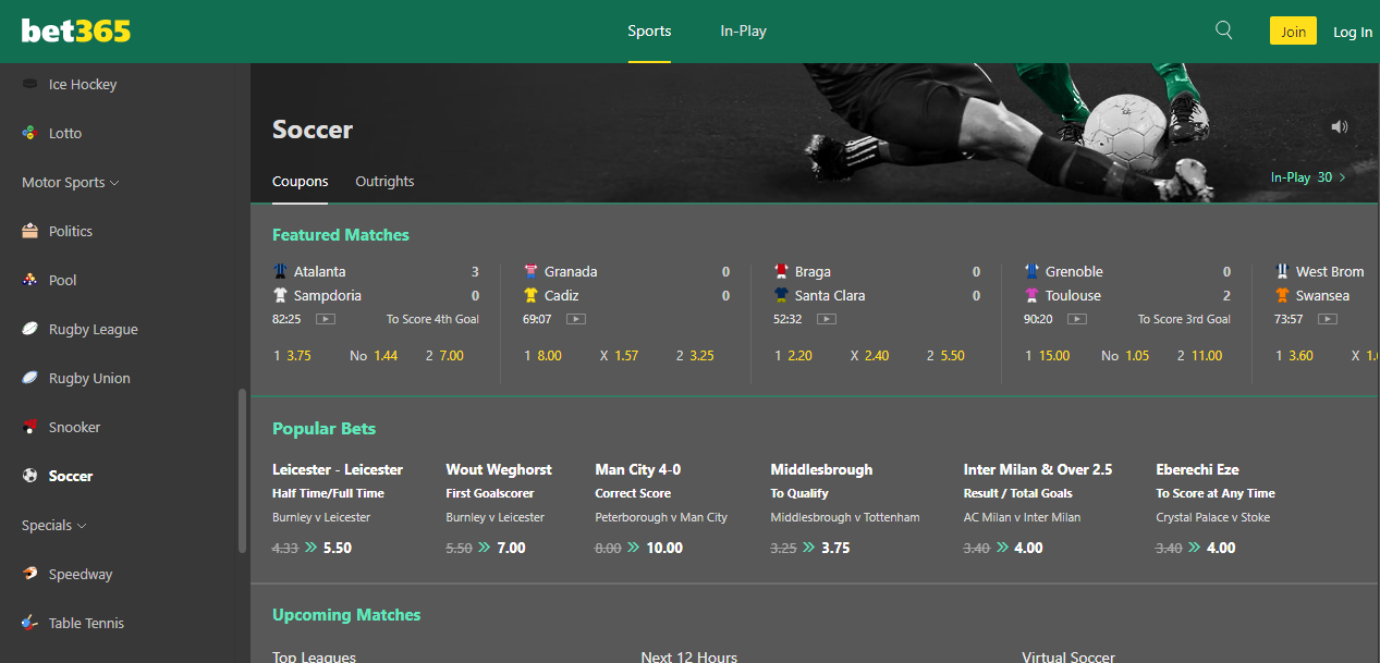 An image of the Bet365 homepage