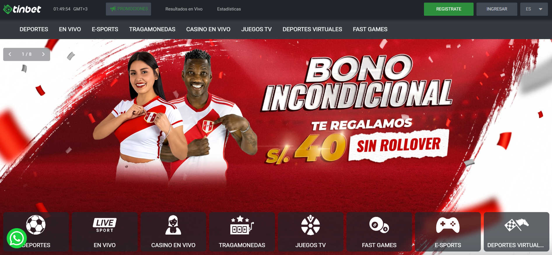 Se muestra un screenshot de la página principal de Tinbet Perú