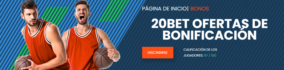 Se muestra la sección de bonos y promociones de 20Bet en su web