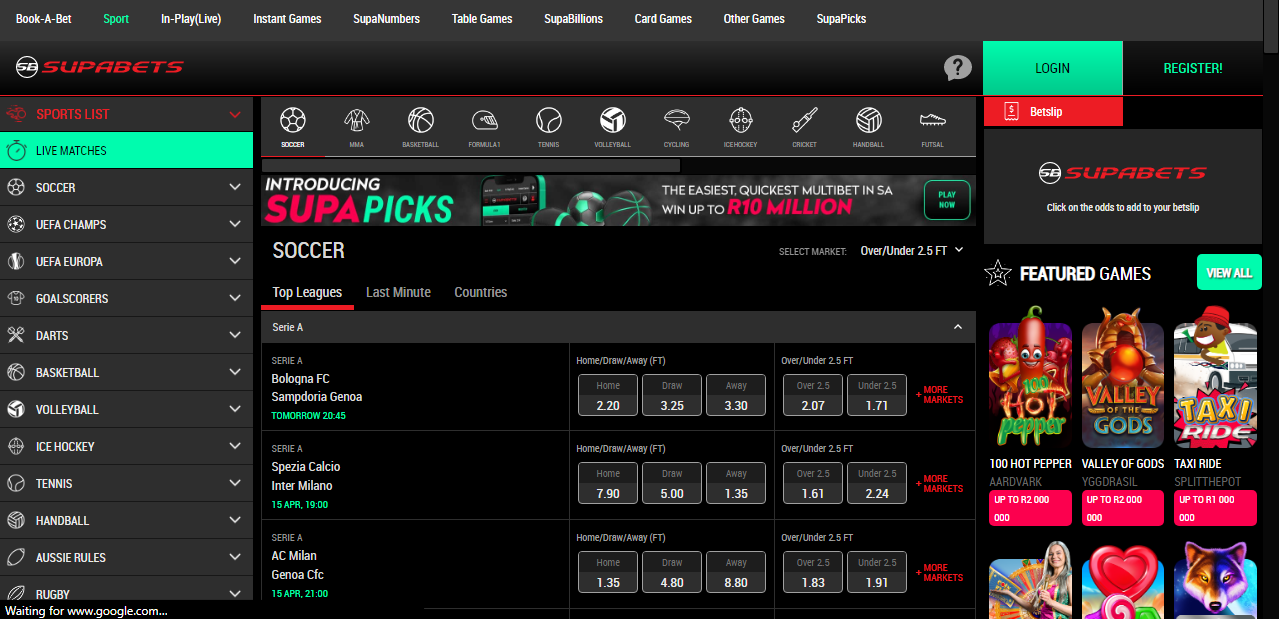 An image of the Supabets sportsbook page