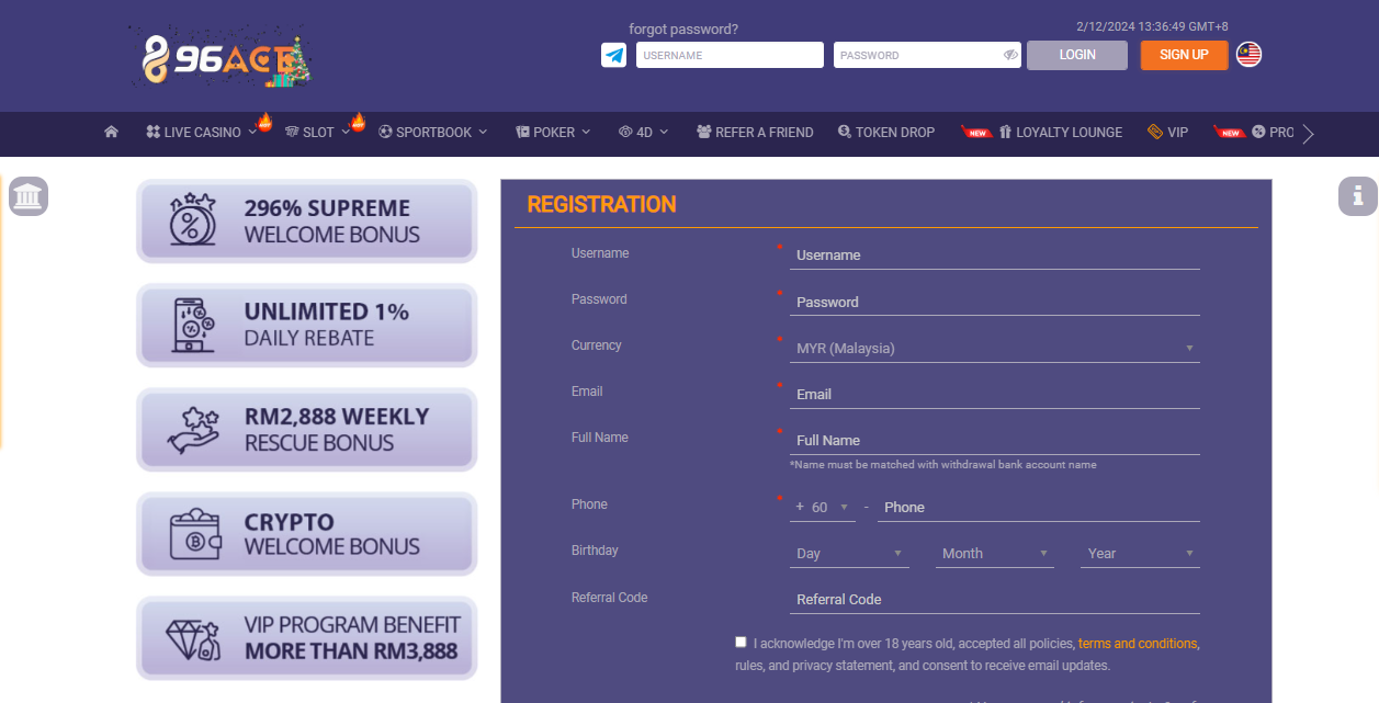 96Ace asia registration