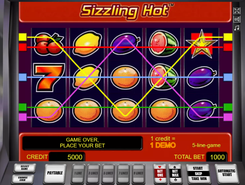 Pantalla de Sizzling Hot mostrando los controles del juego, diseño clásico y las líneas de pago activas