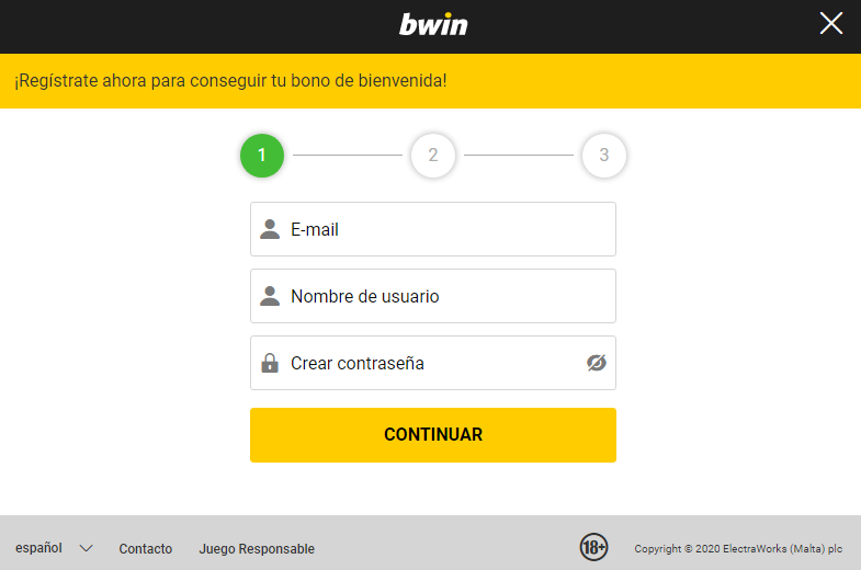 formulario de registro en Bwin