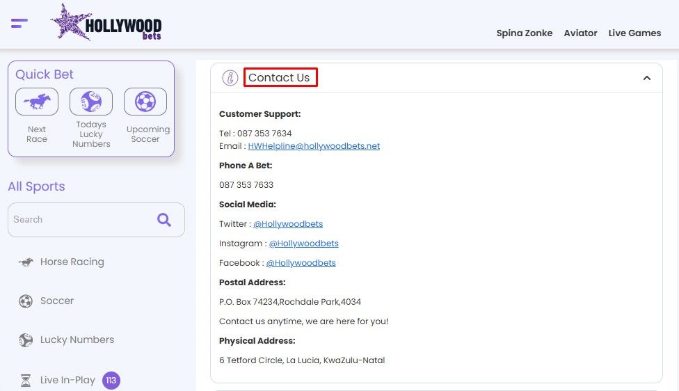 Hollywoodbets Customer Support Hollywoodbets Contact Page