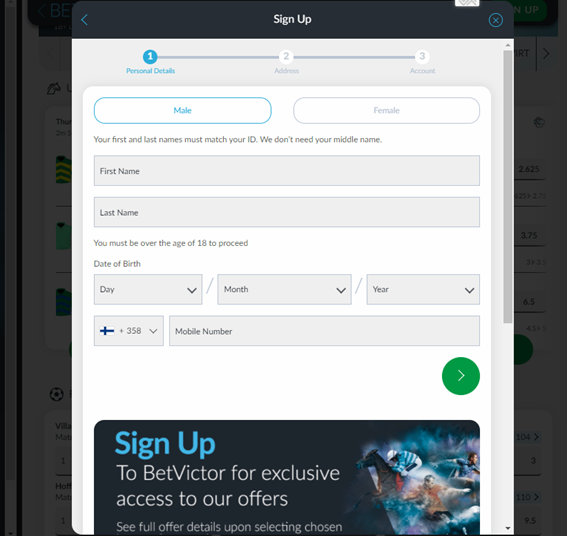 BetVictor registration window