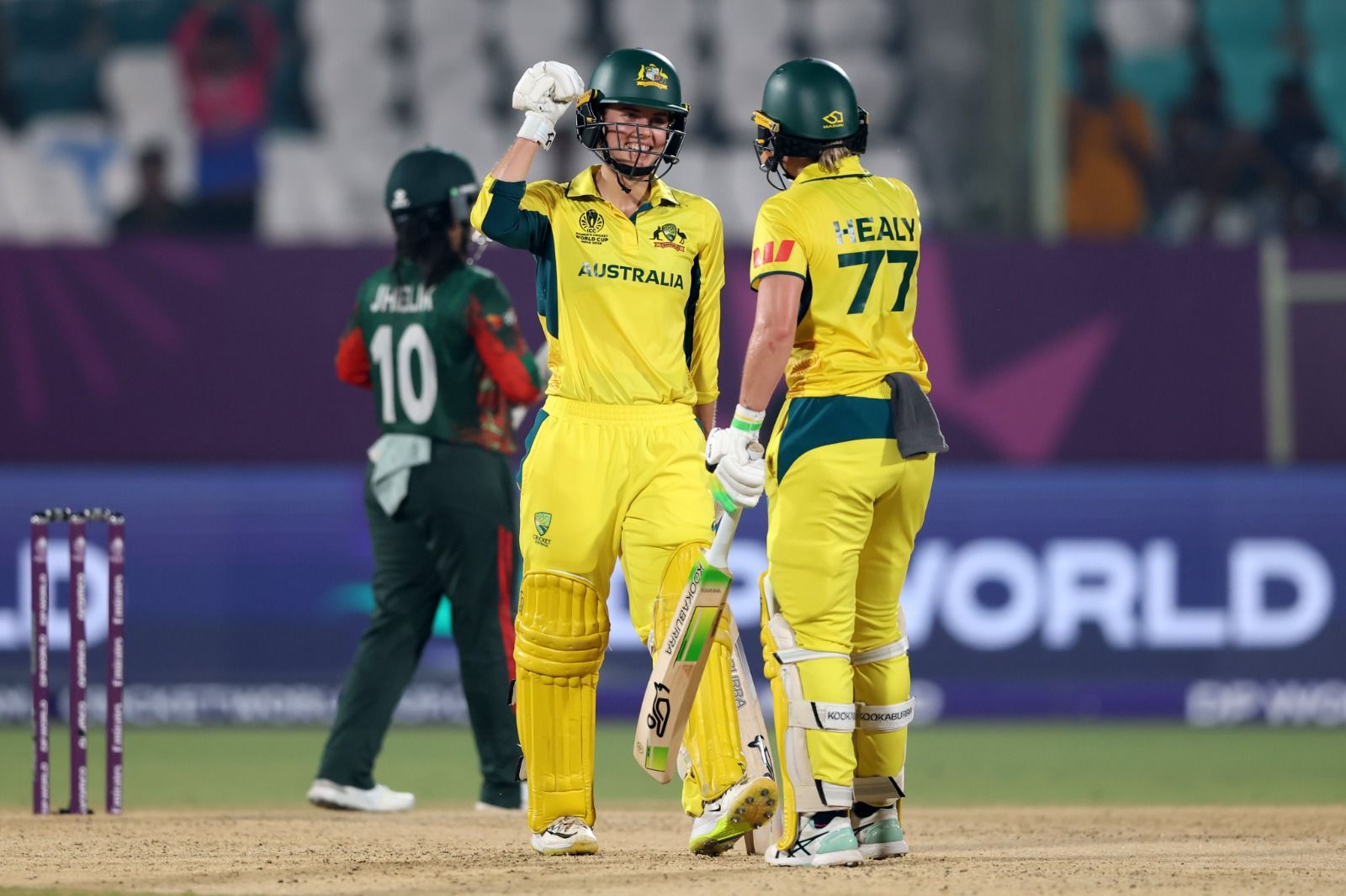 UNSTOPPABLE: Phoebe Litchfield (left) and Alyssa Healy celebrate their victory against Bangladesh in the Women's World Cup in Visakhapatnam on Thursday. @ ICC/X