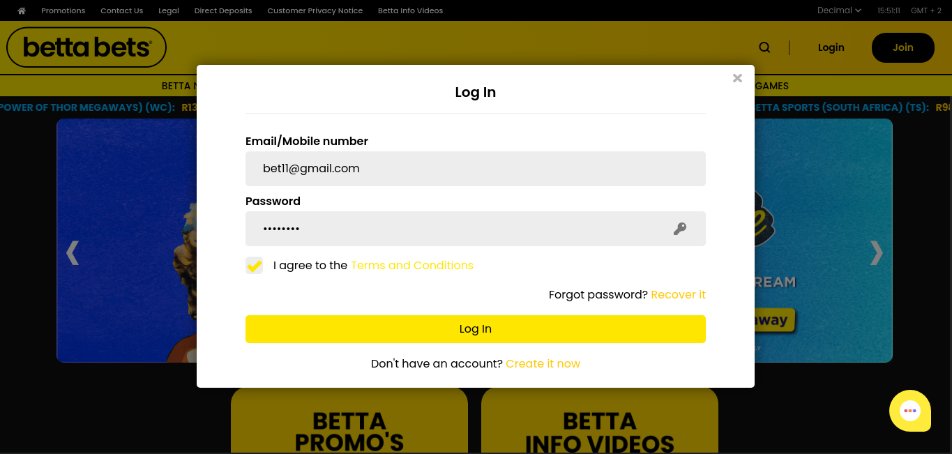 Bettabets South Africa login page