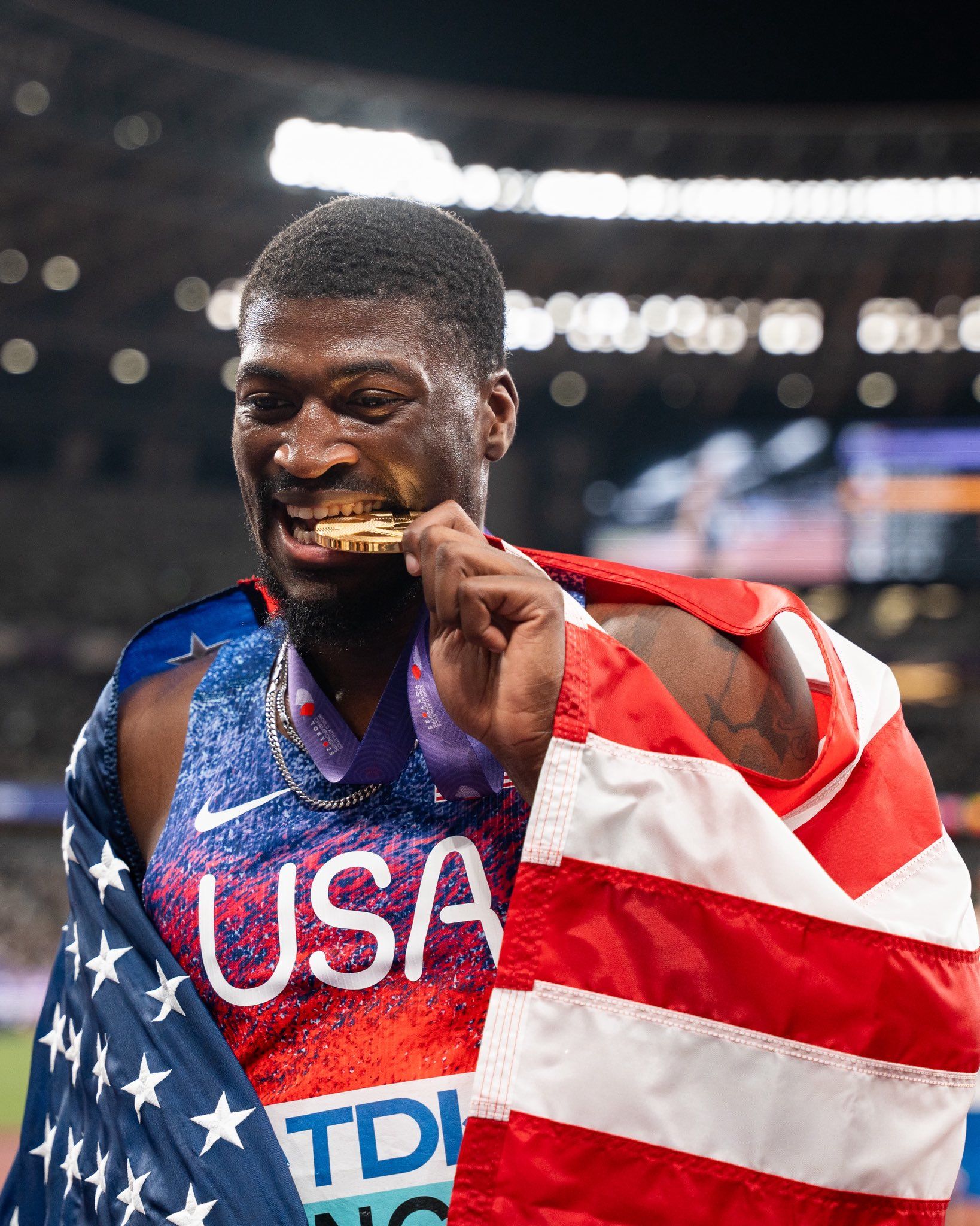 TASTE OF SUCCESS: Cordell Tinch celebrates his success. @usatf/X TASTE OF SUCCESS: Cordell Tinch celebrates his success. @usatf/X