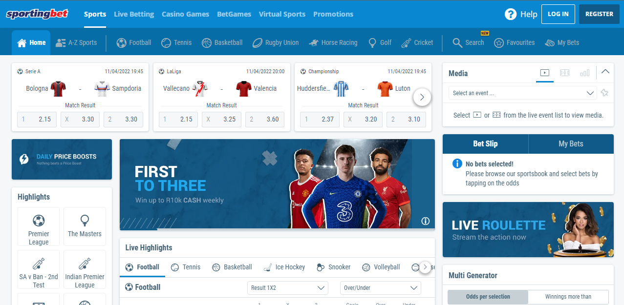 An image of the Sportingbet sportsbook page