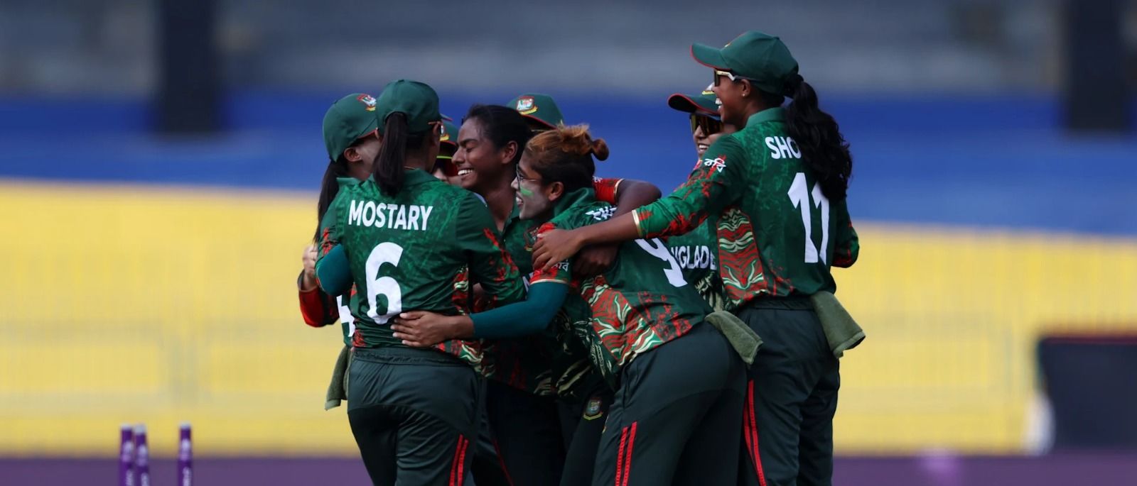 JUBILANT: Bangladesh players celebrate fall of a wicket in the mtch against Pakistan in ICC Women's Cricket World Cup in Colombo on Thursday. @ICC/X