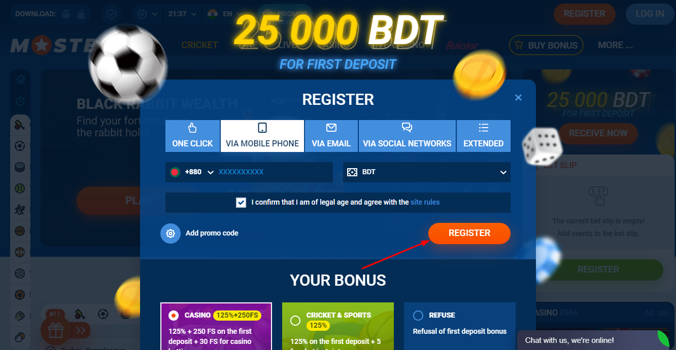 Mostbet registration button to submit your details