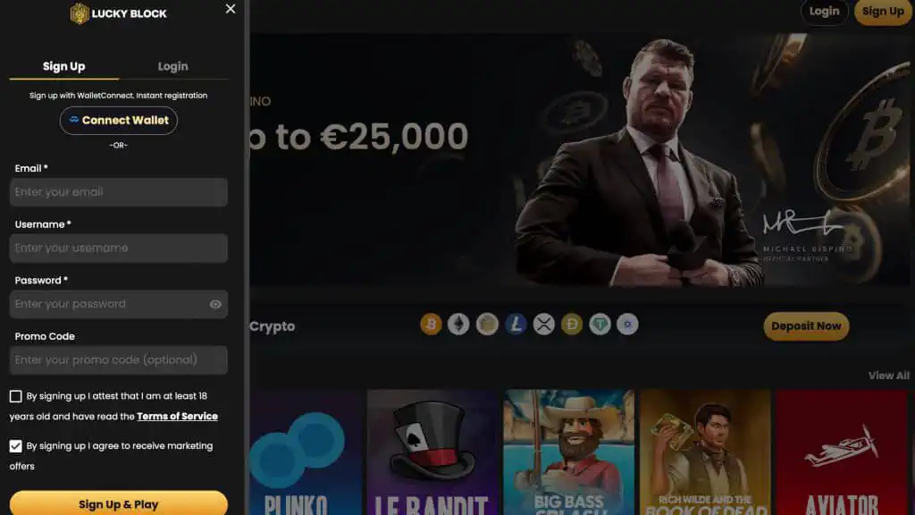 Steps to sign up on Lucky Block Casino