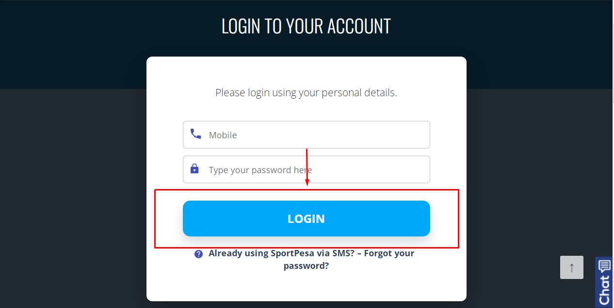 An image of the Sportpesa South Africa login form page