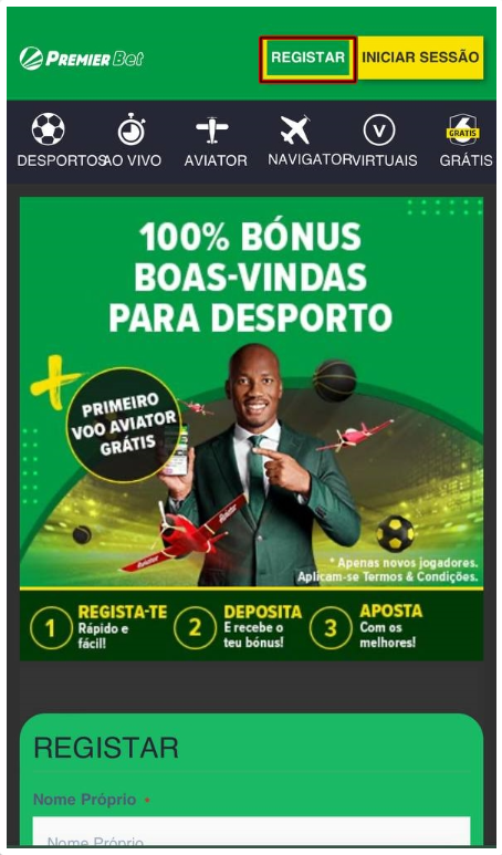 Página inicial da Premier Bet Moçambique