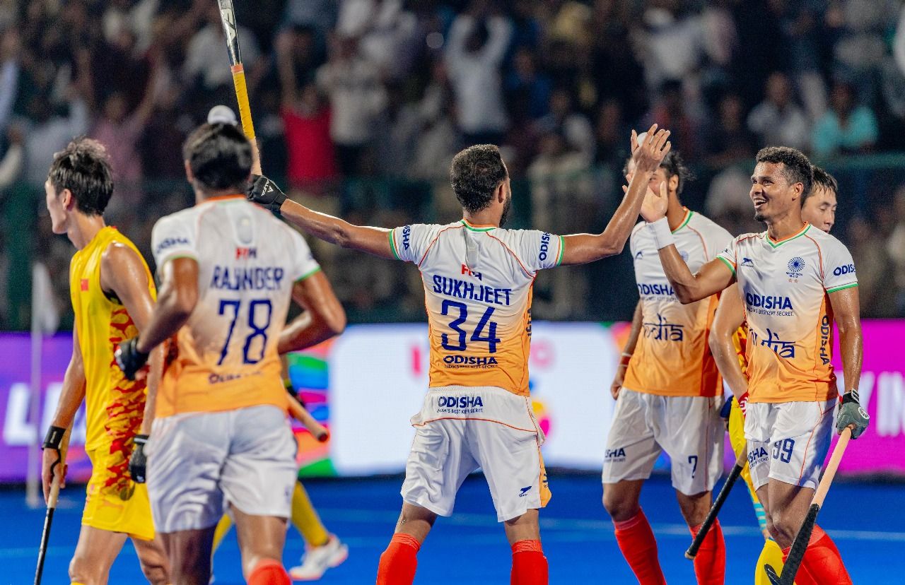 Indian players celebrate a goal. @Hockey India