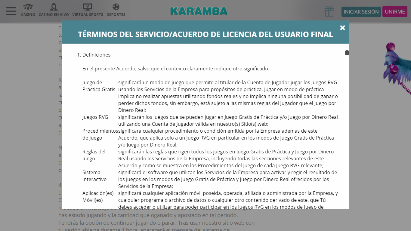 Términos y condiciones en la página web en Karamba