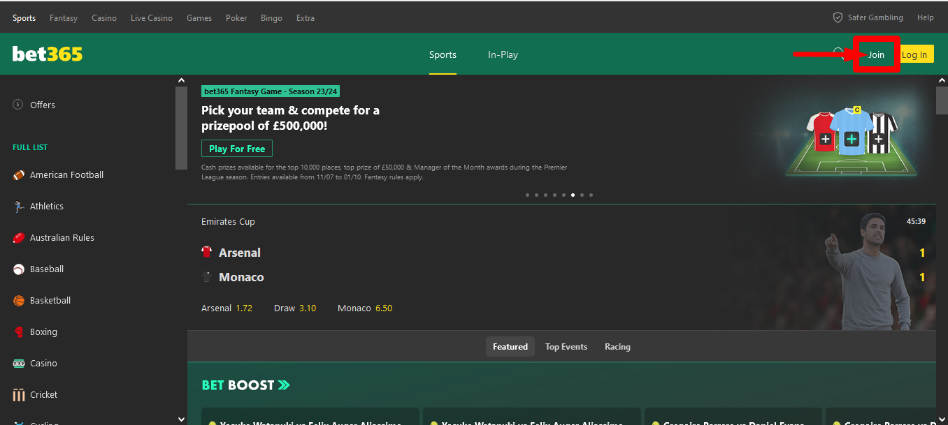 Join Now/ Bet Now option at the website of Bet365