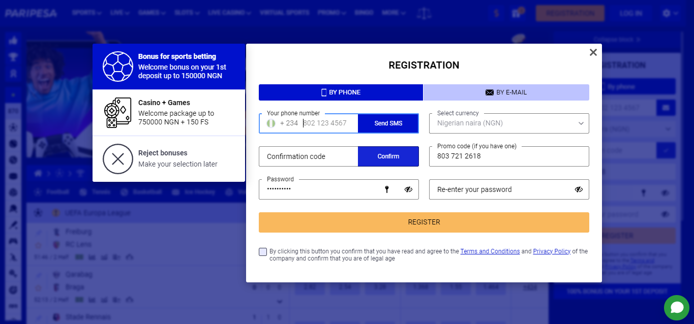An image of the Paripesa Nigéria registration form page