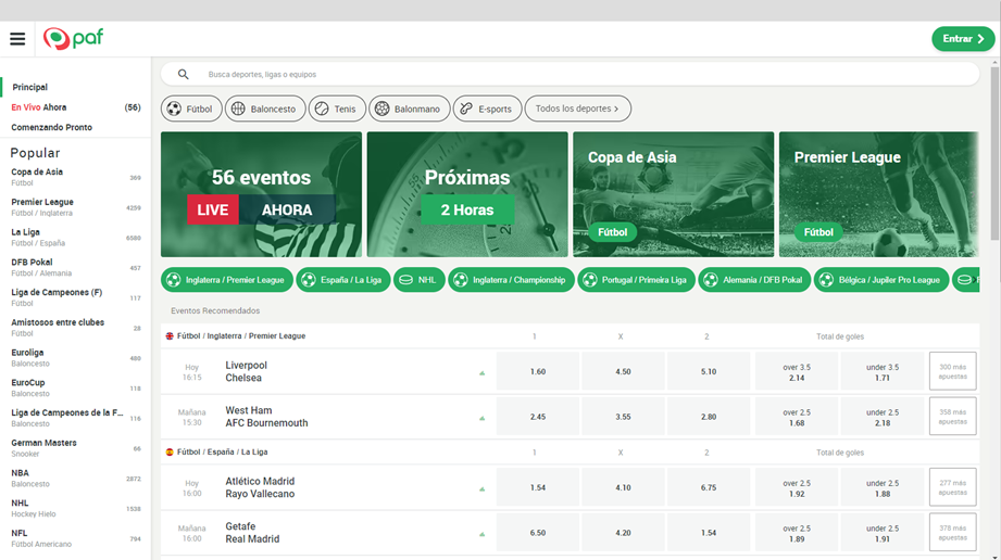 Se muestra la página principal de las apuestas deportivas en Paf.es