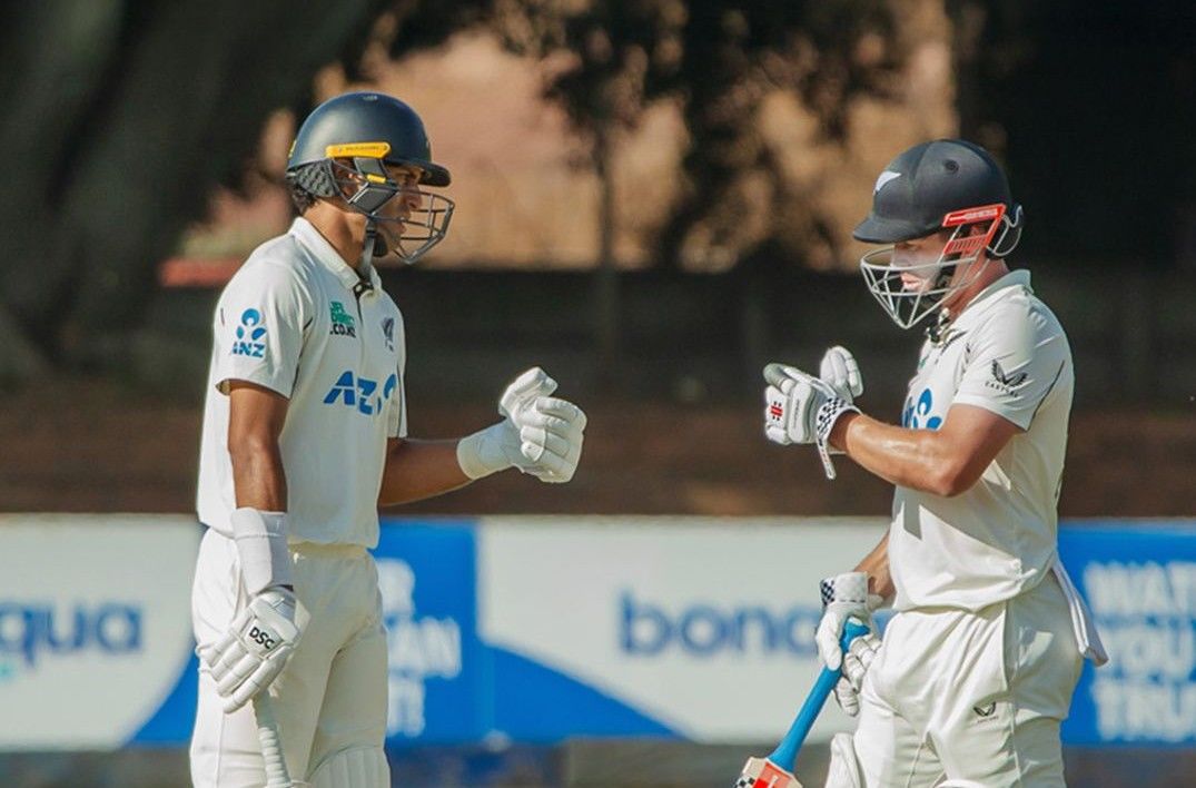 Rachin RAvindra (left) and Henry Nicholls shared a massive unfinished partnership of 256 runs for the fourth wicket against Zimbabwe in the second Test at Bulawayo. @ BLACKCAPS/X