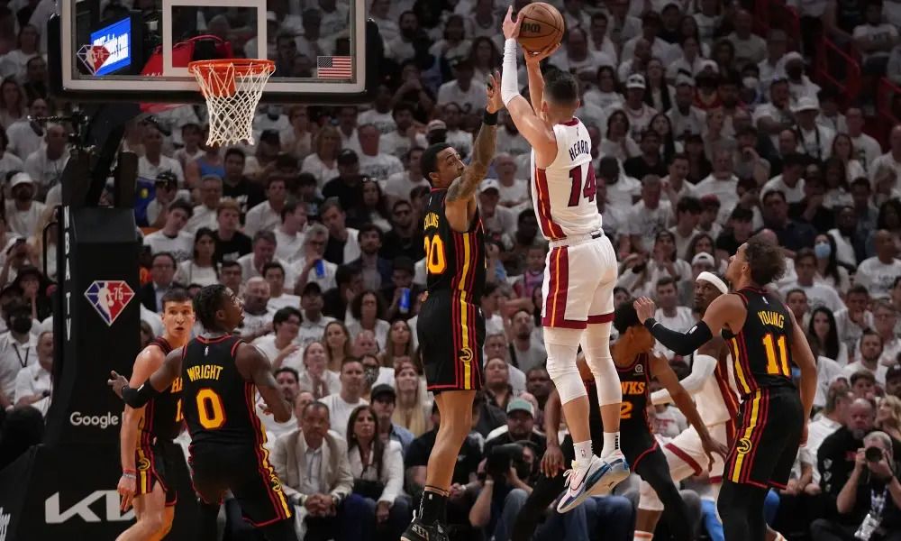 Tyler Herro shooting over John Collins (Miami Heat vs Atlanta Hawks)