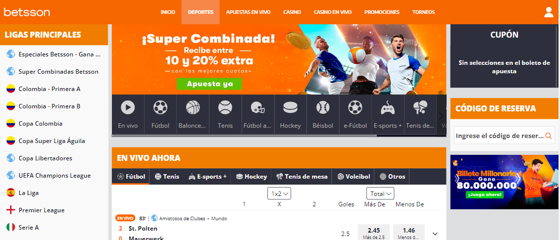 Se muestra la pantalla principal de la versión web de Betsson Colombia