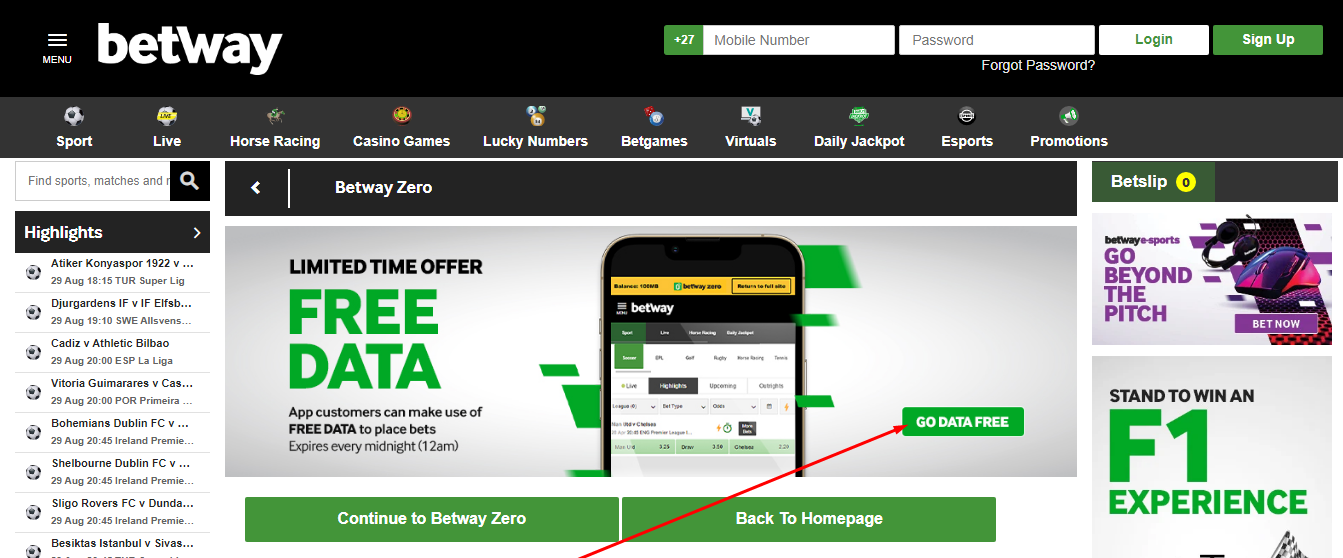 Data freemode on Betway