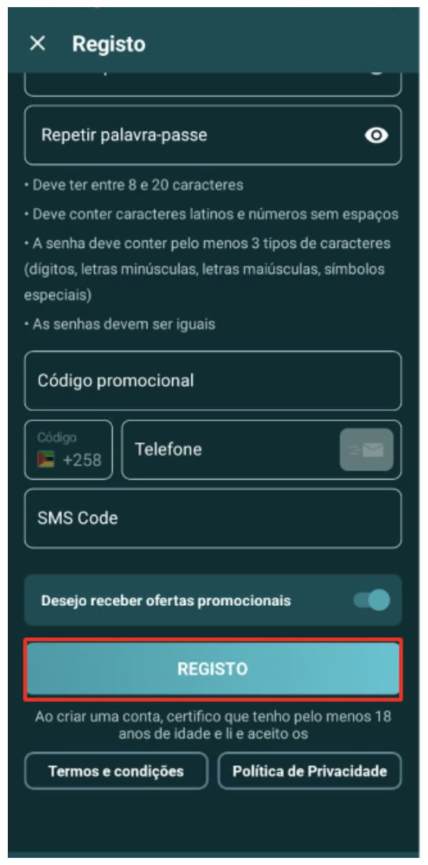 Dados para registo de conta na aplicação Android da casa de apostas online 22Bet Moçambique