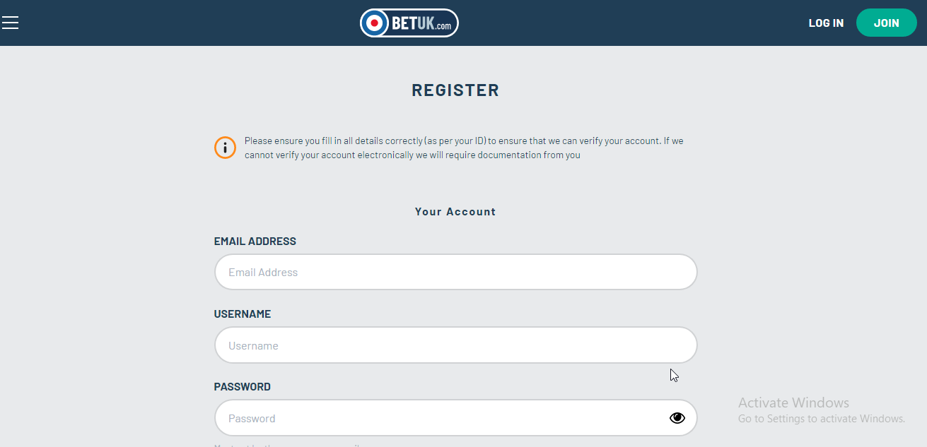 Entering details to register an account with BetUK