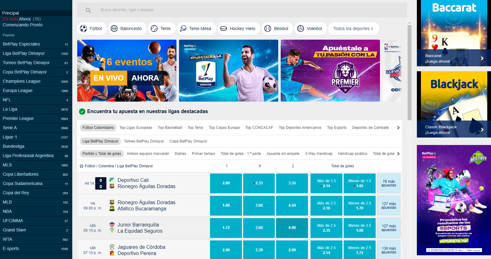 Secciones, ligas deportivas y deportes disponibles para apostar en Betplay Colombia