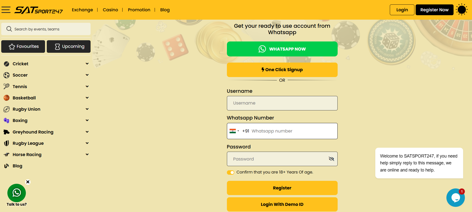 Registering account on Satsport