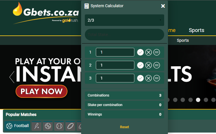 An image of the Gbets system calculator page